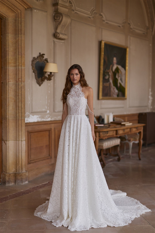 Lace wedding dress with halter neckline and train