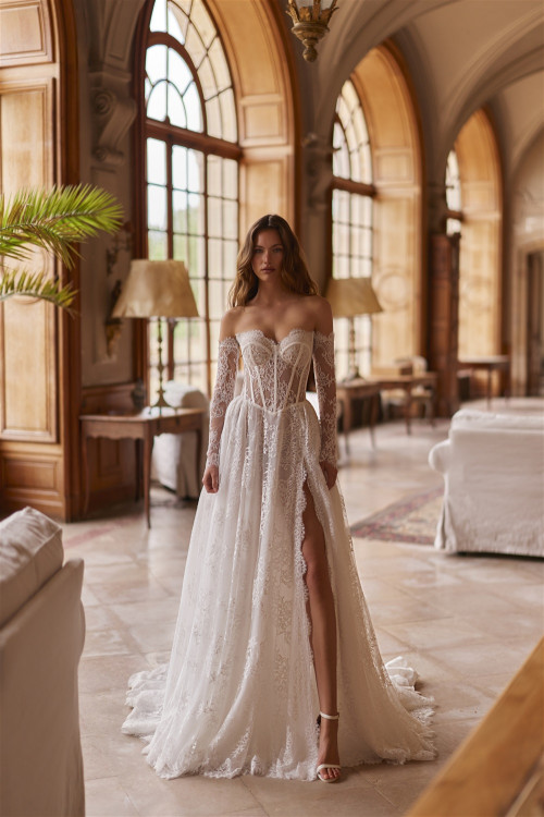 Lace wedding dress with corset, slit, and off-the-shoulder straps