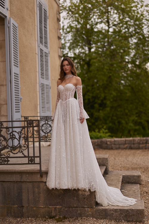 Lace wedding dress with corset, long separate sleeves, choker, train, and drooping straps