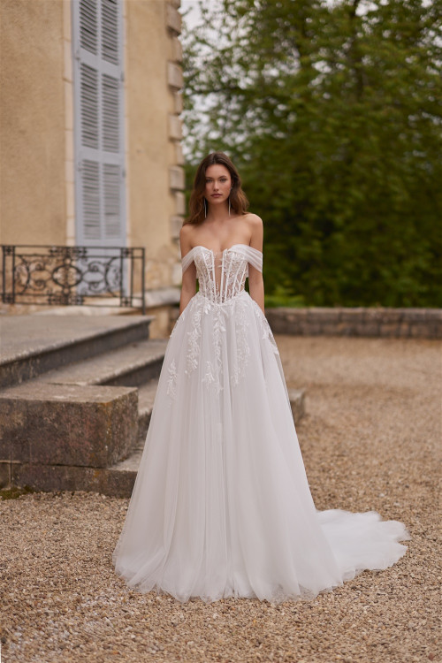 Corset wedding dress with off-the-shoulder straps and long train